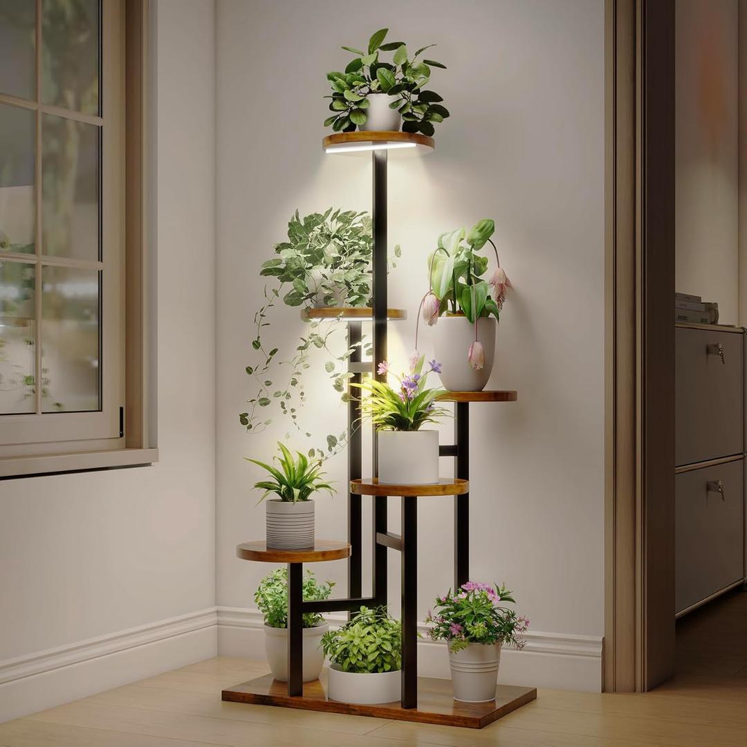 6 Tier Plant Stand with Full Spectrum Grow Lights, 39IN Tall Metal Wood Shelf Holder for Indoor Wheel Plant Display Rack for Potted Plants,Flower Pot Stand for Corner Living Room Balcony Garden Patio