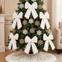 Janinka 6 Pcs Large White Christmas Bow Ornaments with Gold Snowflake Decor 13.4x9.1 Inch Big Plush Faux Fur Bow Decorations Furry Xmas Tree Topper for Wreath Door Window Fireplace Staircase Decor