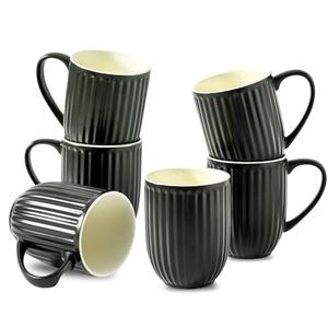 HASENSE Coffee Mugs Set of 5, 16 Oz Large Ceramic Ribbed Latte Cups with Big Handle for Coffee, Tea and Cocoa, Modern Design & Light Weight, Microwave & Dishwasher Safe, Black
