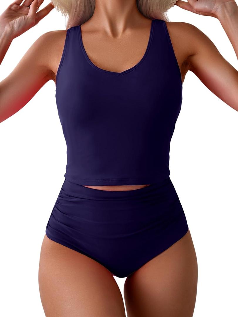 Eomenie Two Piece Tankini Swimsuits for Women Tummy Control Bathing Suits Cutout Back Swim Tank Top with High Waisted Bottom (Medium, Purplish Blue)