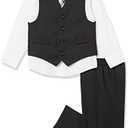 Van Heusen Boys' 4-Piece Formal Suit Set, Vest, Pants, Collared Dress Shirt, and Tie, Black/Red Stripe, 10
