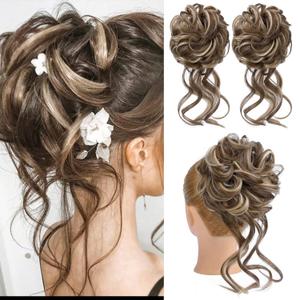 HOOJIH 2PCS Messy Bun Hair Piece, Tousled Updo With Tendrils Extensions, Wavy Curly Wrap Ponytail Hairpieces Scrunchies for Women HB010 Dasiy - Light Brown With Medium Golden Blonde