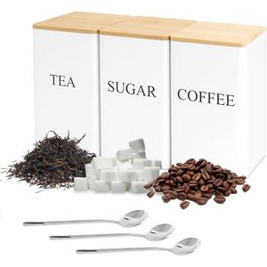 3 Pcs Tea Coffee Sugar Canisters, Black Metal Canister Storage Jar Container Set, Food Storage With 3 Spoons, Rust Resistant Powder Coated Iron Caddies for Kitchen Worktop Organizer (White)