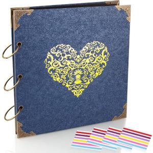 Photo Album DIY Scrapbook (10x10 inch 50 Pages Double Sided) Vintage Hardcover Three-Ring Binder Picture Booth Albums with 6 Colors 408pcs Self Adhesive Photos Corners for Memory Keep (Blue)