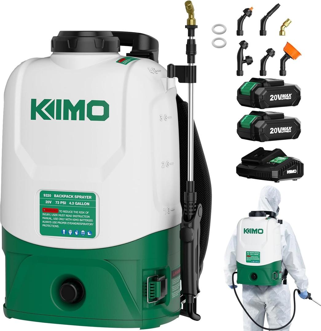 KIMO 4.3 Gallon Backpack Sprayer Battery Powered, 2PCS 20V 2.0Ah Battery & Fast Charger, 6 Nozzles, 31" Telescopic Wand, No Pump Needed, 0-73 PSI Battery Backpack Sprayer for Weed, Lawn, Yard,Cleaning