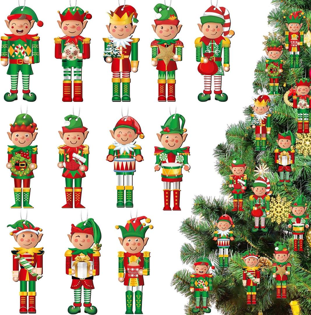 48 Pcs Christmas Elf Nutcracker Ornaments Wood Hanging Christmas Tree Ornaments Elf Miniature Nutcrackers Nutcracker Figures Ornament Cute Nutcrackers Holiday Ornament