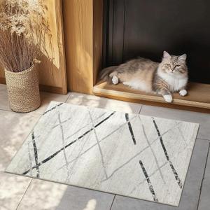 jinchan Modern Washable Rug 2x3 for Entryway, Moroccan Geometric Doormat, Non-Slip Stain Resistant Soft Lightweight Indoor Floor Carpet for Entryway, Kitchen, Bathroom, Bedroom, Grey Black