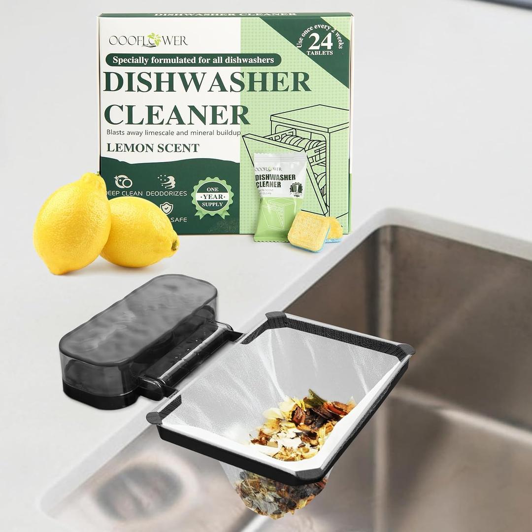 24 PCS Dishwasher Cleaner and Deodorizer Tablets, with Sink Drain Filter Basket, Deep Cleaning Formula Tablets for Removing Limescale, Odor, Smell, Hard Water Residue(Lemon-Scented)