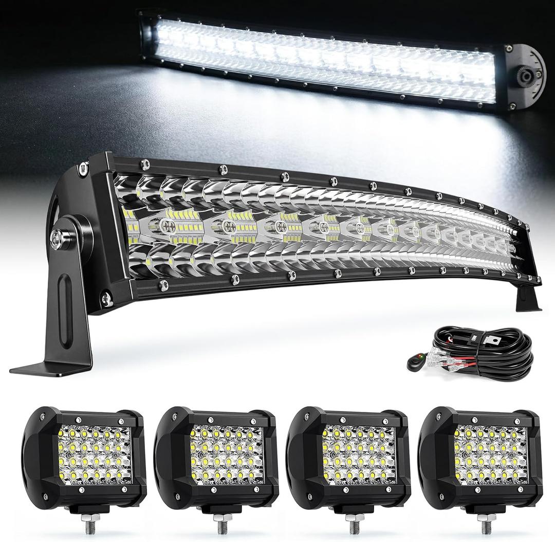 LED Light Bar Kit, 32Inch 585W Ultra Slim Double Row Light, 4PCS 72W Cube Light with Wiring Harness, Off Road Accessories Fog Lights for SUV ATV UTV Tractor Pickup Boat