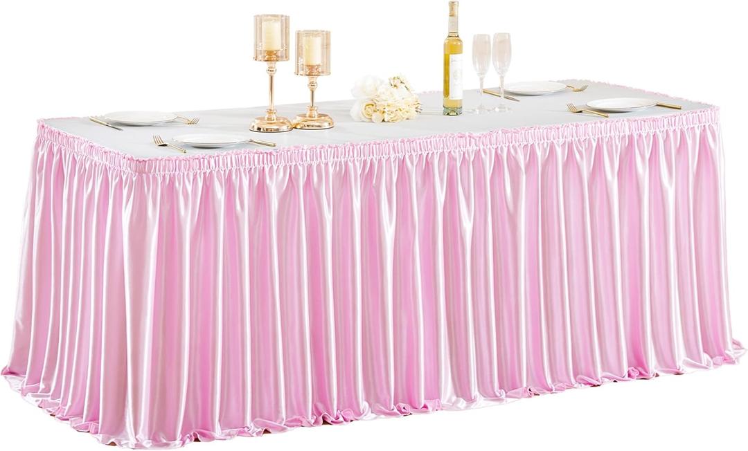 Wish Care 6ft Pink Satin Table Skirt for Rectangle Tables Wrinkle Free Glitter Desk Skirts Pleated Ruffle Table Cloth for Girls Birthday Baby Shower Theme Party Dessert Cake Table Skirting Decorations (72" x 30" (Rectangular))
