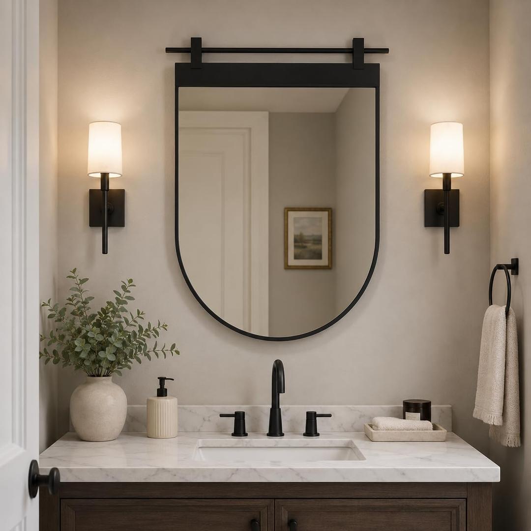 NXHOME Gold Arch Bathroom Mirror 28" x 20" Brushed Gold Metal Frame Barn Door Mirrors Farmhouse Bathroom Vanity Mirror for Over Sink, Entryway, Dining Room Wall Decor