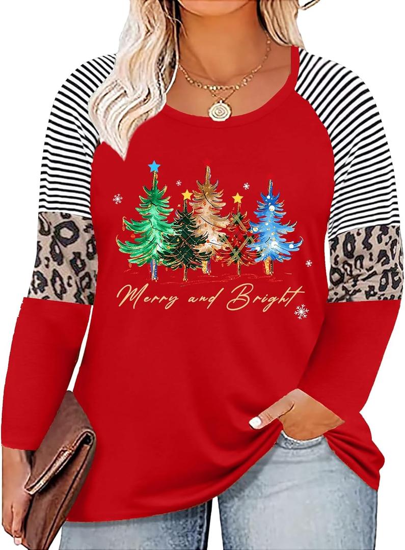Plus Size Christmas Shirts Women Merry and Bright Christmas T Shirt Xmas Light V Neck Tees Xmas Holiday Long Sleeve Tops, 4XL