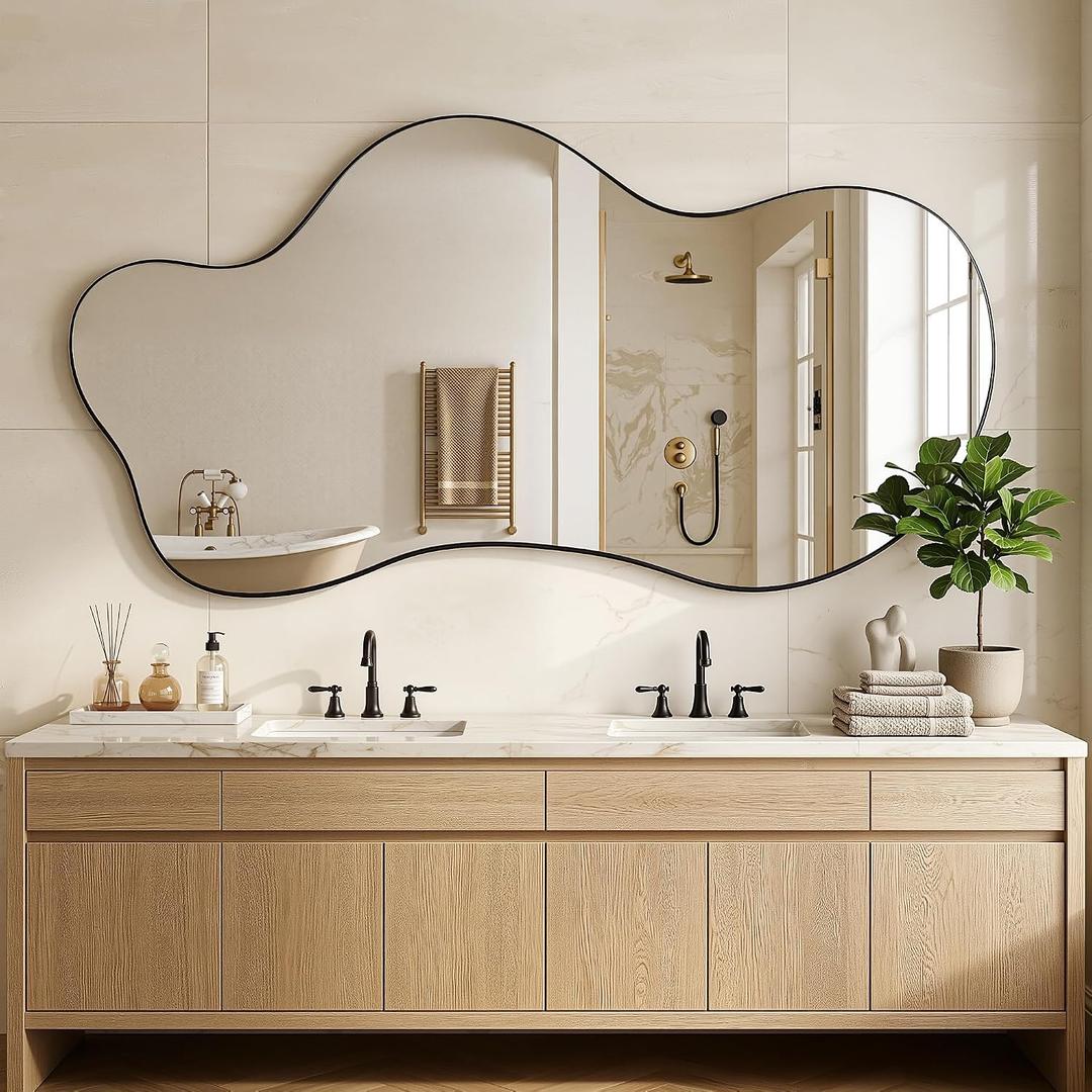 Irregular Wall Mirror, 28"x55" Asymmetrical Mirror with Metal Frame, Modern Wavy Decorative Mirrors for Bathroom, Wall Decor, Entryway, Living Room, Black