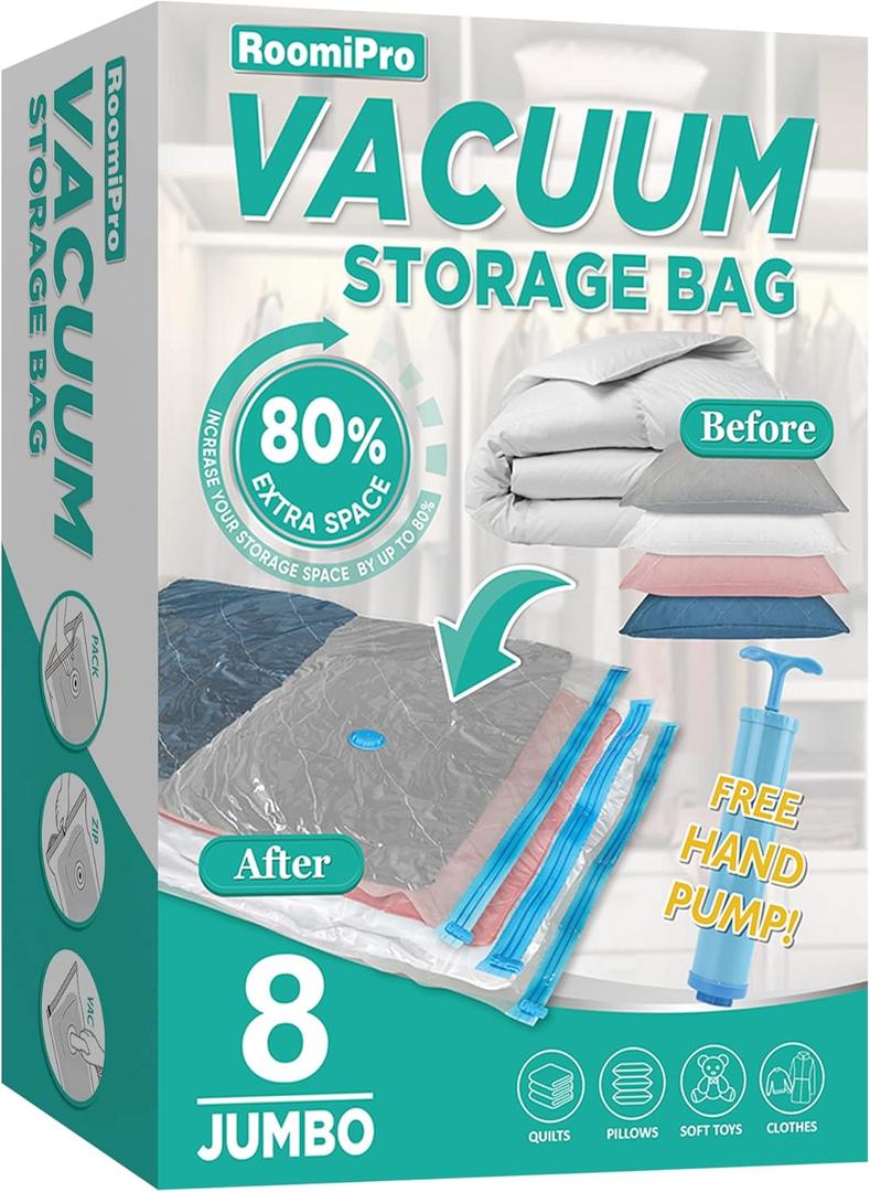 Space Saver Vacuum Storage Bags, 8 Jumbo Vacuum Sealer Bags with Pump, Storage Vacuum Sealed Bags for Clothing, Comforters, Blanket Storage, Bedding