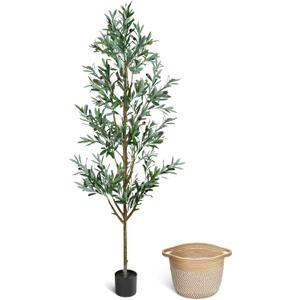 Faux Olive Tree 6ft, Olive Trees Artificial Indoor with Planter and Basket, Tall Fake Tree with Realistic Leaves and Fruits for Home Living Room Bedroom Outdoor Decor