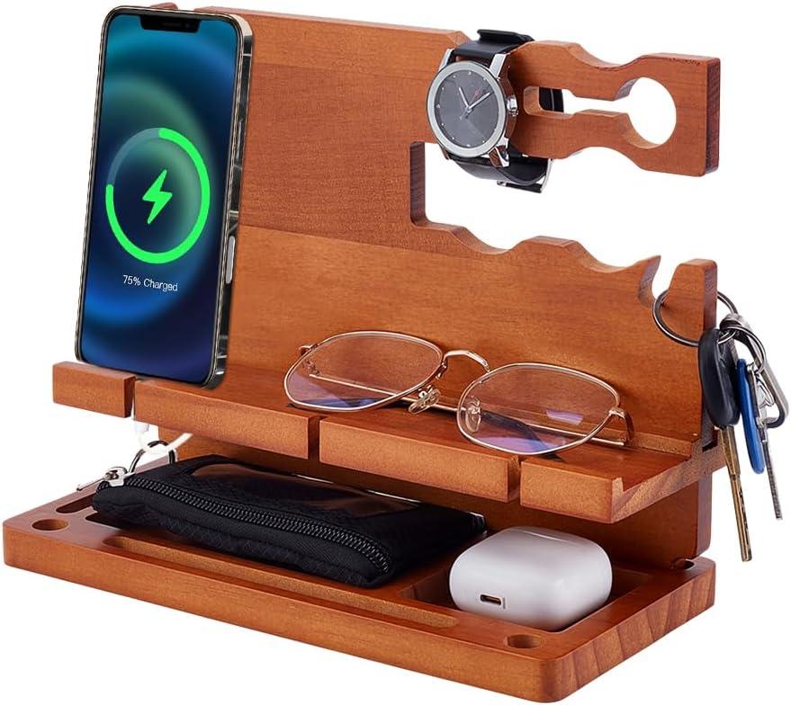 Wood Phone Docking Station Nightstand Organizer Cell Phone Stand Watch Holder Wallet Station Desk Organizers Gifts for Husband Dad Anniversary Birthday for Men
