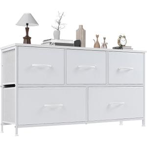 OLIXIS 5 Drawer Dresser for Bedroom, Fabric Storage Tower with Wooden Top and Metal Frame, Dresser Organizer for Living Room Closet Entryway,White