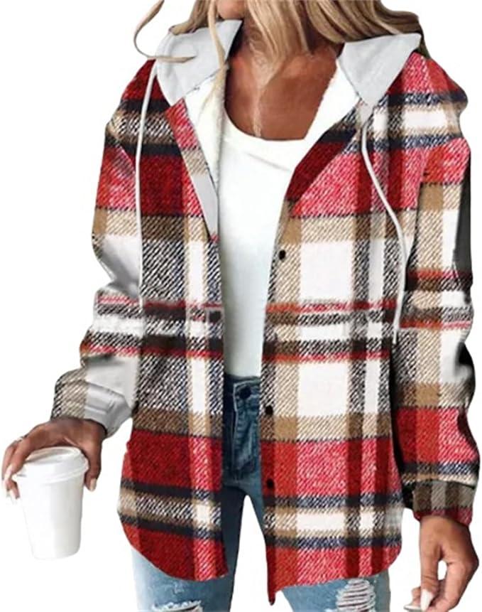 Womens Lightweight Casual Jacket Plaid Long Sleeve Shacket Fleece Lined Hooded Jackets Warm Coat, Red XL