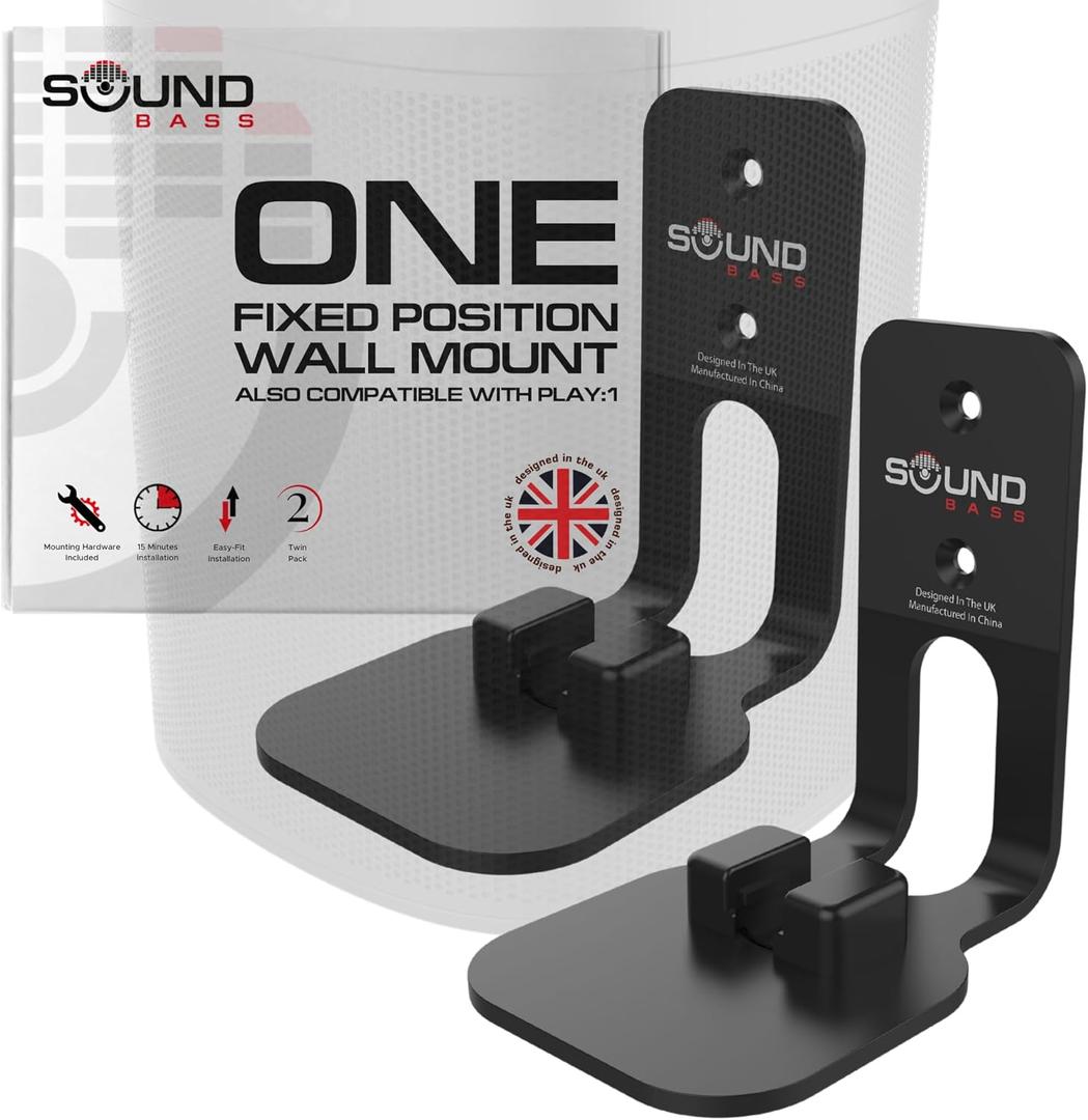Sound Bass ONE, ONE Gen 2, ONE SL & Play:1 Wall Mount Bracket, Twin Pack [2pcs], Black, Compatible with Sonos ONE, ONE Gen 2, ONE SL & PLAY1 Speaker