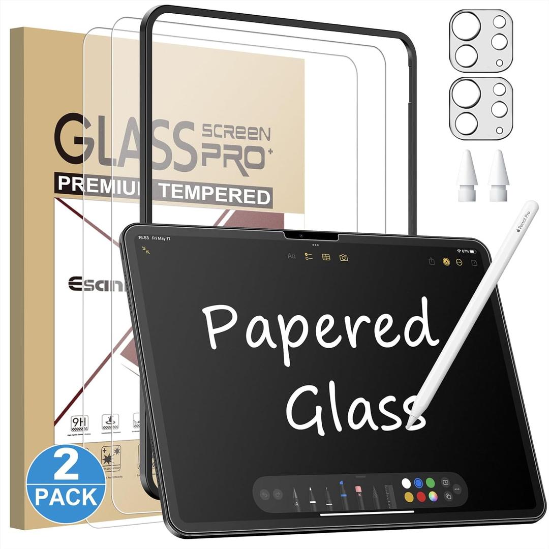 Esanik [2+2 Pack Like Paper Glass Screen Protector for iPad Pro 11 Inch M5/M4 (2025/2024) with Camera Lens Protector & Alignment Frame, 9H Tempered Glass Papered Film for Drawing Writing
