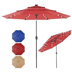 SMUG 10FT 3 Tier Patio Umbrella with Lights, Outdoor Umbrellas with Push Button Crank, Tilting Umbrella with 8 Sturdy Ribs for Market, Pool, Garden, Backyard, Restaurant, Classic Red