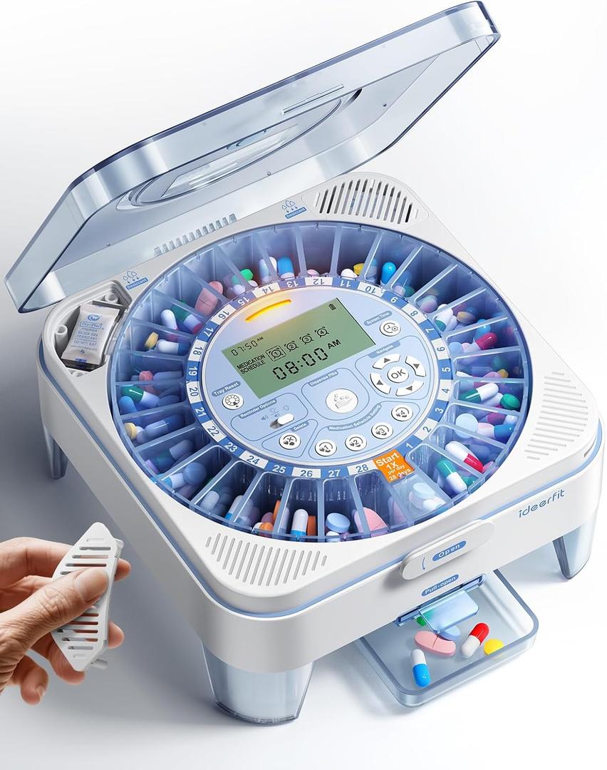 28-Day Automatic Pill Dispenser  One-Press Daily Dispense, Easy-to-Use Slide-Door Cup, Sound & Light Alerts, Moisture-Proof Dual Desiccants, Large Compartments for Tablets & Capsules