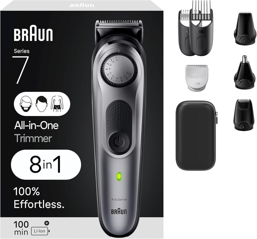Braun All-in-One Style Kit Series 7 7410, 8-in-1 Trimmer for Men with Beard Trimmer, Body Trimmer for Manscaping, Hair Clippers & More, Sharpest Blade, 40 Length Settings, Waterproof (9 Piece Set, Silver)