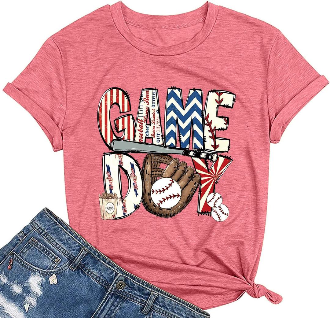 Baseball Game Day T-shirt Mom Fun Ladies Printed retro baseball pattern casual short-sleeved top Pink-S (Pink)