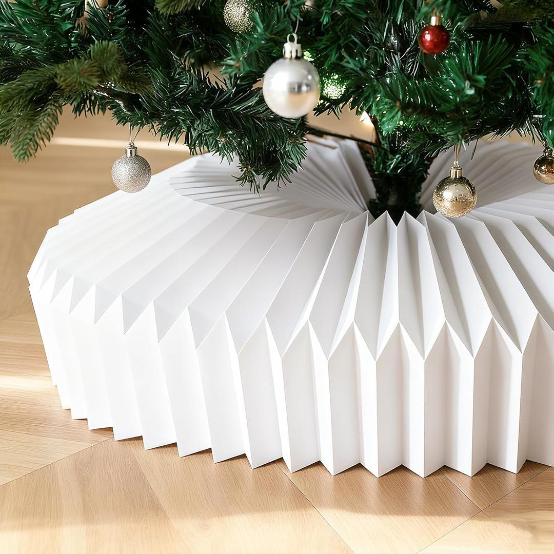 26in Christmas Tree Collar, Honeycomb Folded Paper Basket Skirt Collars, Christmas Tree Ring Base Stand Cover for Holiday Home Decoration(White)