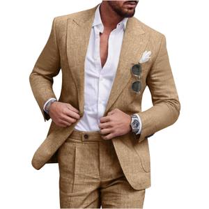 Linen Men Suit Set Casual Tuxedo 2 Piece Regular Fit Blazer One Button Solid Jacket and Pants for Prom Wedding Party (Beige, XXL)