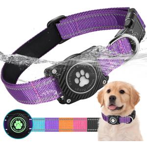 Airtag Dog Collar, Nylon Collar with Waterproof Air Tag Holder, Luminous Reflective Adjustable Pet Collar for Small Medium Large Heavy Duty Dogs,Purple, M (M (12.6"-17.1"))