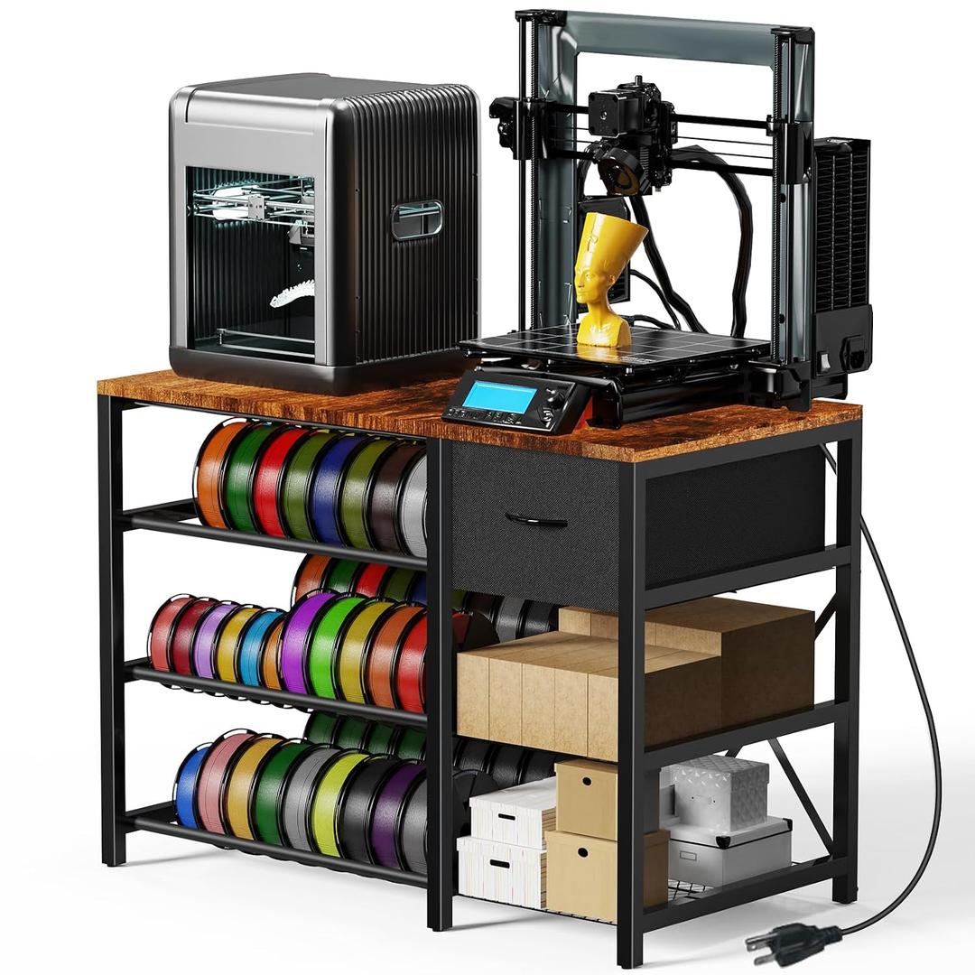 3D Printer Stand with Filament Storage Rack, 3D Printer Table with Power Outlet, 3-Tier Filament Holder with Drawer, 3D Printer Filament Stand Organized for Office Workshop Studio Office