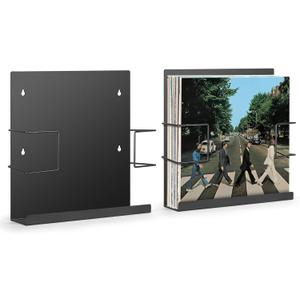 Vinyl Record Holder, 2-Pack Wall Mount Storage Shelf, Heavy Duty Metal, Fits 30 LPs, Black