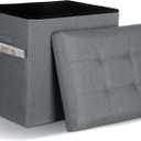 Storage Ottoman with Thicker Foam Padded Seat. 61L Slim Tall Foldable Foot Rest Stool with Linen Fabric, Ottoman with Storage Bench for Living Room Bedroom, 300lbs Weight Support, 17x13x17IN Dark Gray