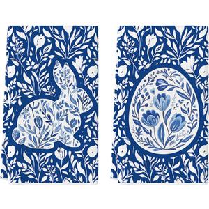 Artoid Mode Blue Porcelain Bunny Egg Easter Kitchen Towels Dish Towels, 18x26 Inch Spring Farmhouse Flowers Decoration Hand Towels Set of 2