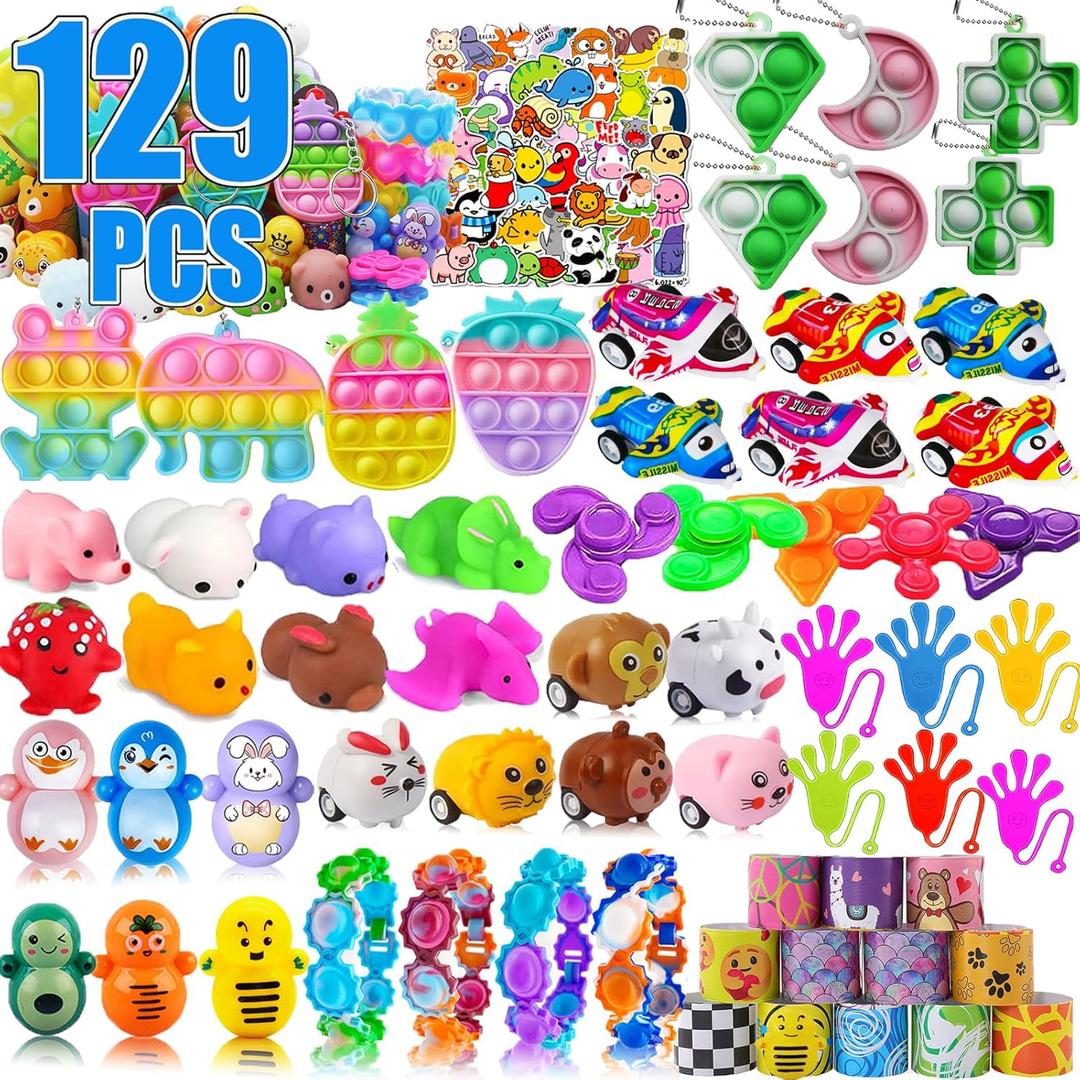 129 Pcs Pop Party Favors for Kids, Easter Basket Eggs Fillers, Fidget Treasure Box Toys, Classroom Prizes, Pinata Filler Goody Bag Stuffers, Treasure Chest, Carnival Prize Box Toys for Boys Girls