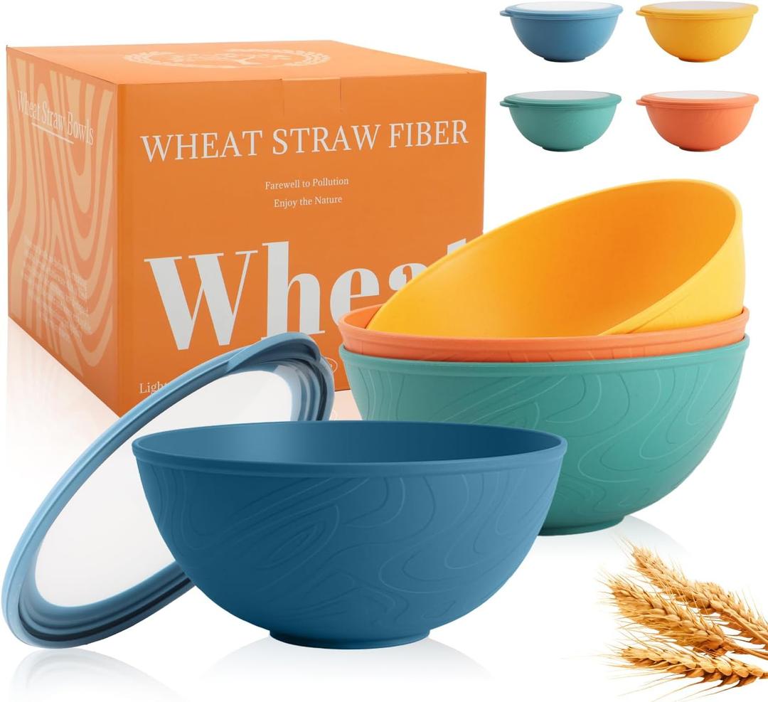 Wheat Straw Bowls Set with Lids, Unbreakable 40 OZ Cereal Bowls Set of 4, Salad Container for Lunch, Microwave & Dishwasher Safe Bowl Set for Kitchen, Picnic, RV, Camping, Multi