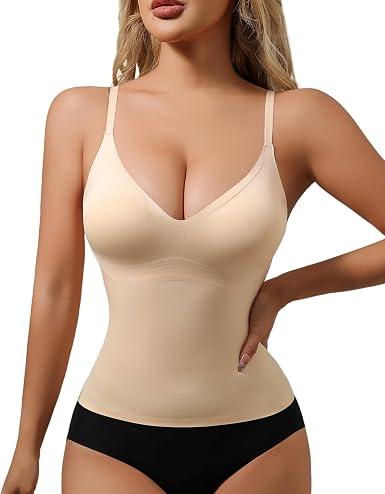 USEASY Built in bra Tank Tops for Women U neck shapewear built-in bra Tank Womens Shapewear with bra Compression Beige M
