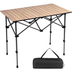 Byliable Camping Table Folding Portable Camp Aluminum Fold Up Lightweight Roll Up Table Adjustable Height with Carry Bag Indoor Outdoor for Camping, Picnic, Backyard, BBQ, Patio, Wood Grain
