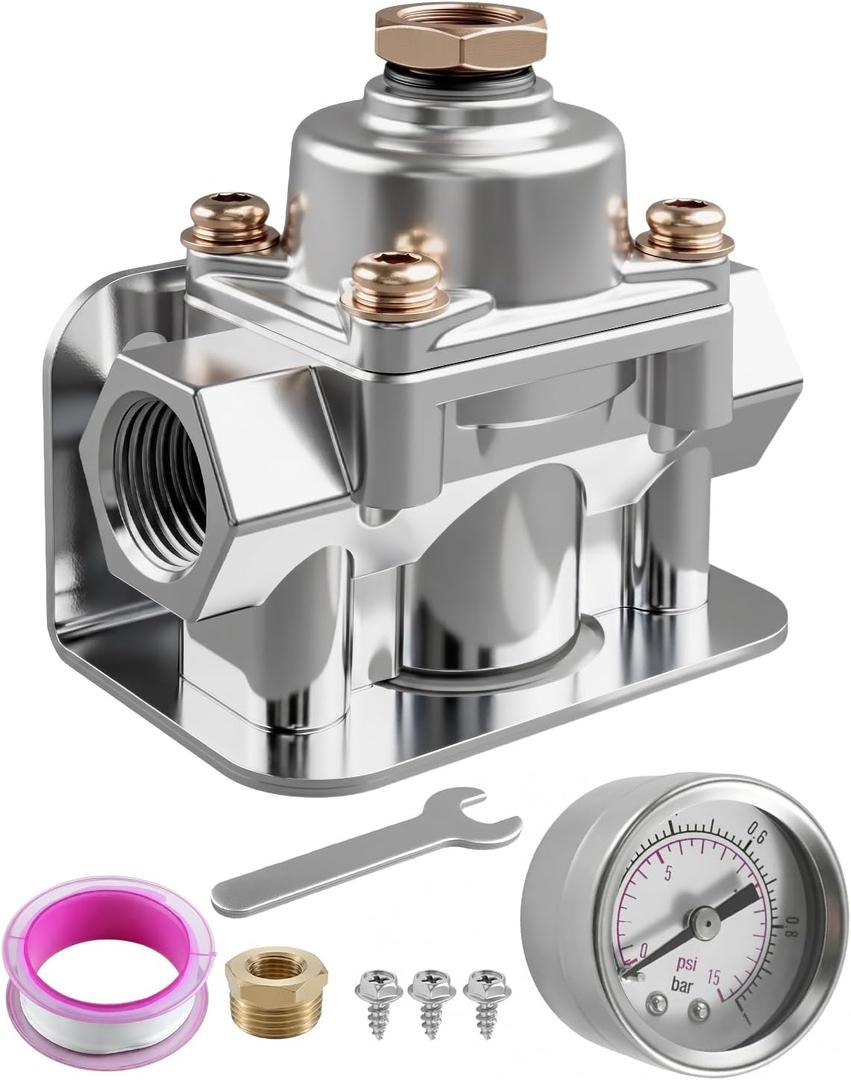 12-803 Adjustable Fuel Pressure Regulator Carburetor with Gauge 4.5 to 9 PSI 3 8 in NPT 1 in 2 Out Compatible with Holley and Edelbrock Carburetors Fuel Regulator Kit