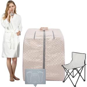 Smartmak Far Infrared Sauna, Full Body One Person Portable SPA Set with Time & Tempreture Remote Control, Heating Foot Pad and Foldable Reinforced Chair (L 27.6 x W 31.5 x H 37.8)- Pearl Pink