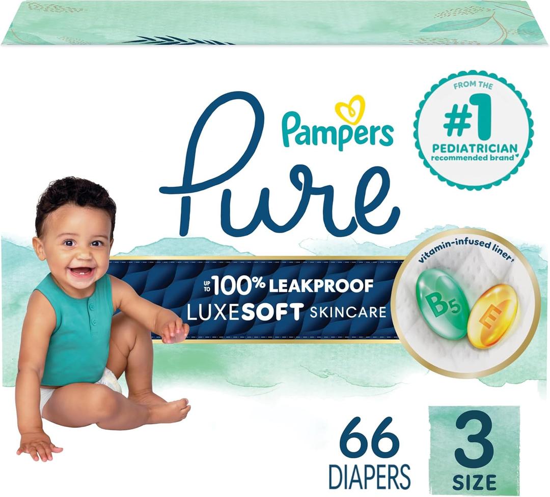 Pampers Pure Protection Baby Diapers, Size 3 (16-28 lbs), 66 Count, Up to 100% Leakproof, Premium Plant-based Skin Protection, Hypoallergenic Soft Diapers