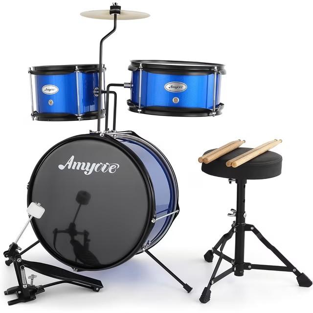 3 Piece Beginner Drum Set for Kids Juniors, with Drum Sticks & Drum Throne Seat, Blue