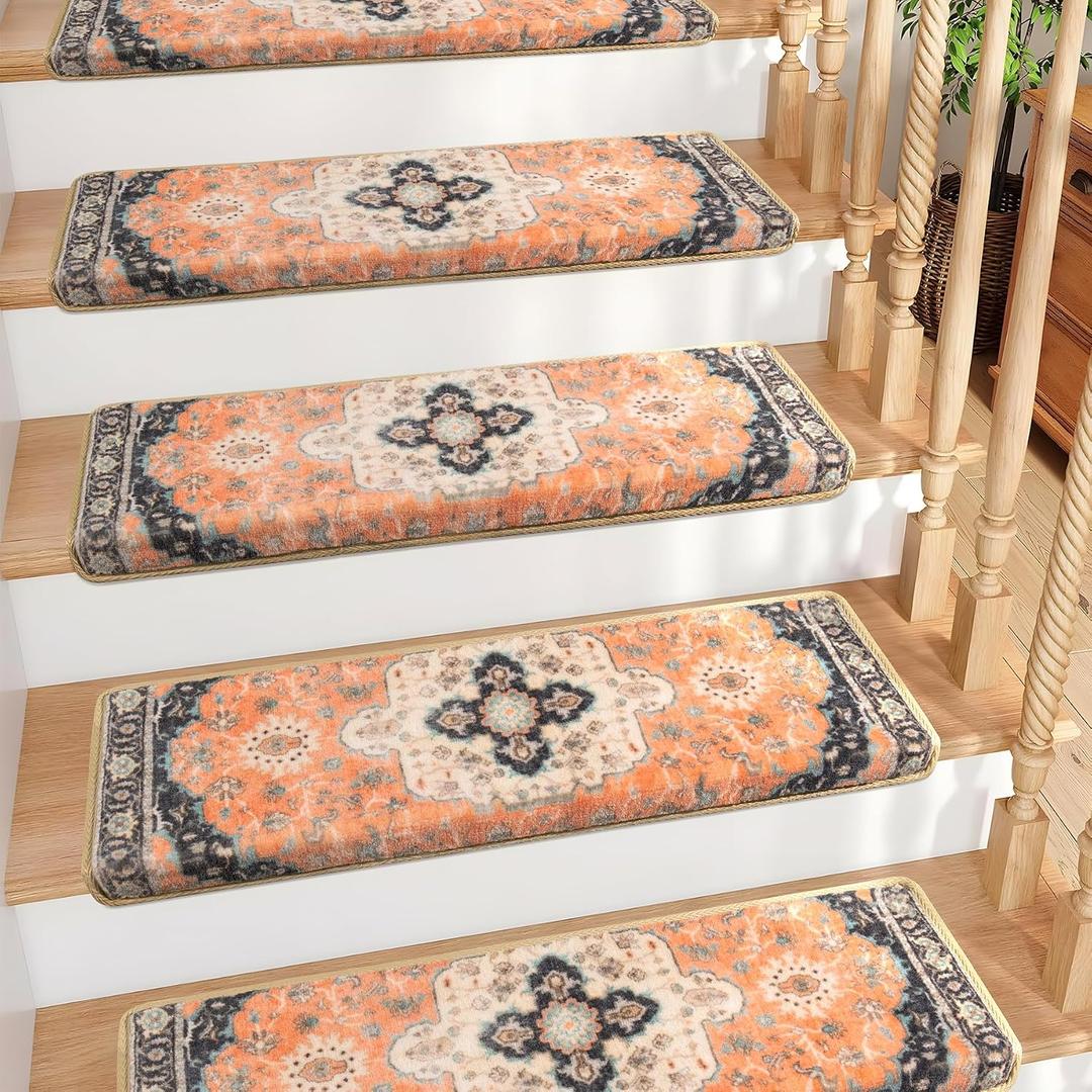 Brakki Bullnose Non-Slip Stair Treads for Wooden Steps, Carpet Stair Treads for Indoor Runner, Pet Friendly Soft Stair Rugs, Edging Stair Protectors Reusable, Washable, 30"x9.5"x1.5" 14pcs, Red