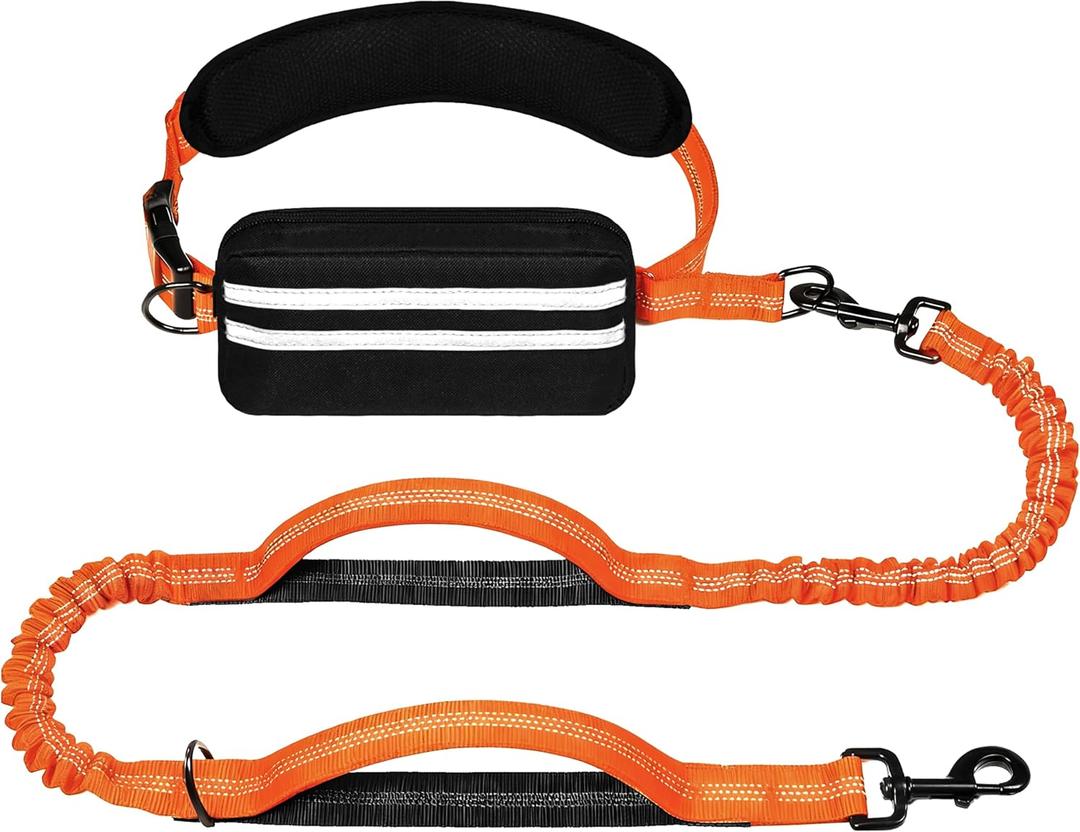 Hands Free Dog Leash with Zipper Pouch, Running Waist Leash for Dog Walking, Adjustable Waist Belt for Large Dogs, Reflective Bungee Design with Two Handle for Hiking, Training, Orange