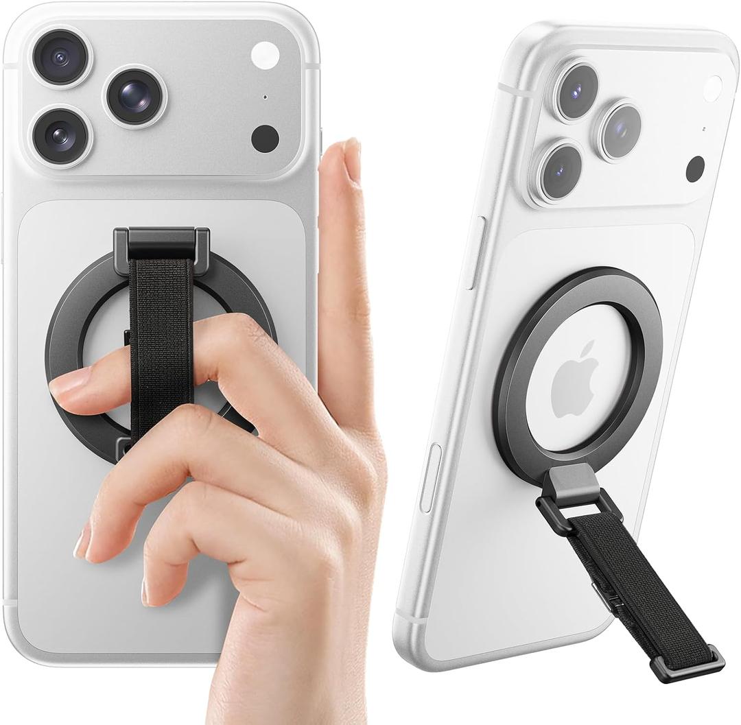 SUPERONE for MagSafe Phone Grip with Finger Strap, Removable Magnetic Ring Holder with Kickstand Finger Loop, MagSafe Accessories for iPhone 17/16/15/14/13/12 Series, Black