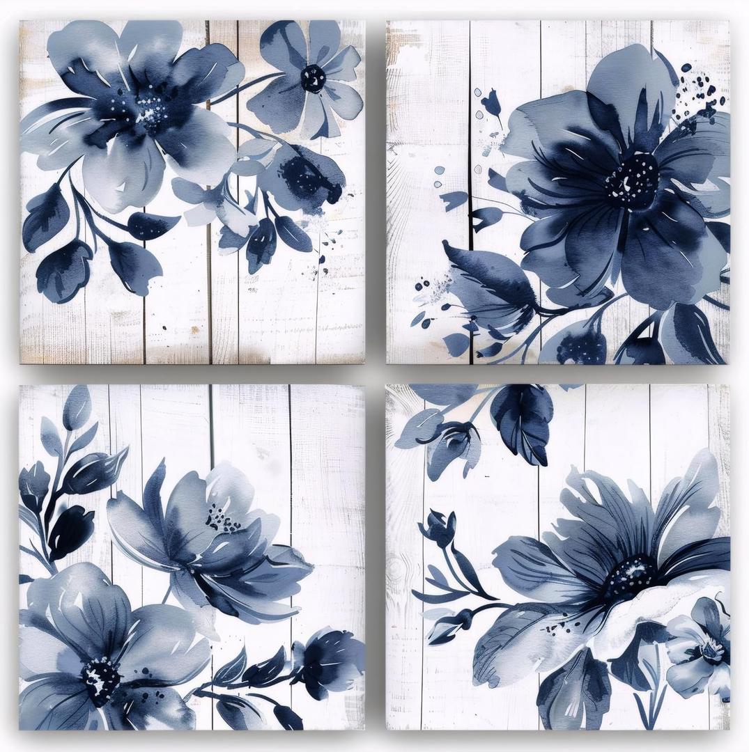 The Mode Art 4 panel Grey and Navy blue Flowers White Wood Wall Art Canvas Print Style of Watercolor Painting Vintage Floral Wall Decor for Kitchen Bathroom Bedroom Each :16x16 inch