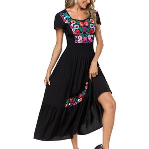Women's Summer Maxi Dress Casual Floral Embroidered Round Neck Short Sleeve Ruffle Tiered Dress Flowy Boho Beach Sundress, Size M