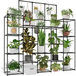 Metal Plant Stand Outdoor 63" Tall Plant Shelf for Plants 14-Tier Large Plant Sheves for Indoor Plants Living Room Heavy Duty Rack Garden Balcony Patio Hanging Planter