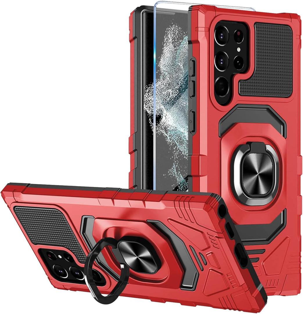 Heavy Duty Protection Case for Samsung Galaxy S22 Ultra Phone Case with Built-in Screen Protector, Military Grade Shockproof 360 Degree Metall Ring Kickstand Travel Cover Shell (Red)